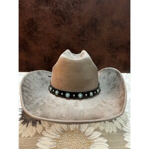 Illuma Women Taupe Faux Suede Cowboy Hat Turquoise Studded Band